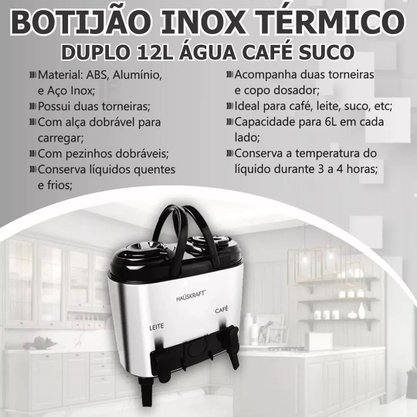 Botijão térmico duplo 12l inoxidável hauskraft