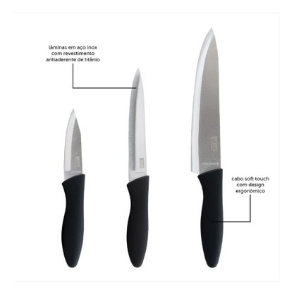 Conjunto de facas yuze titanium silver 3 peças