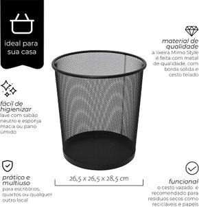Lixeira black telada 26x28cm para escritório - alx03